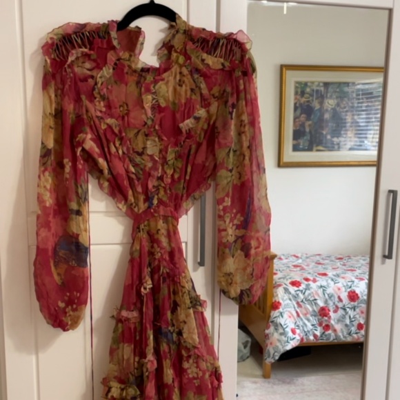 Zimmermann Melody Lace Up Short Dress in Burgundy Floral - Picture 1 of 5